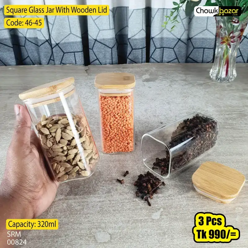 1pcs 300ml Square Glass Jar 46-45 With Wooden Lid 00824