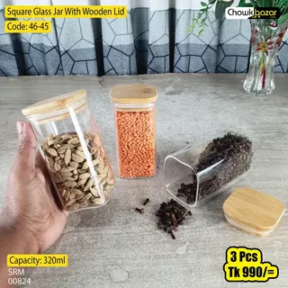 1pcs 300ml Square Glass Jar 46-45 With Wooden Lid 00824