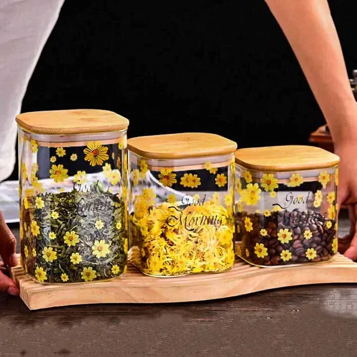 Square Yellow Flower Airtight Jar Set 01584