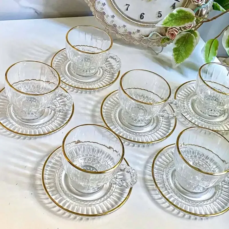 Premium Tea Cup Set Golden Rim Step Design- 001432