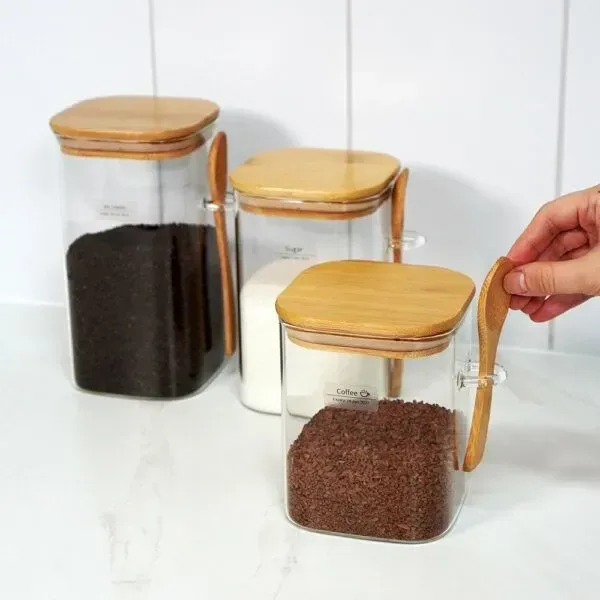 Square Wooden Lid Glass Jar with Spoon(Big Size) 01474