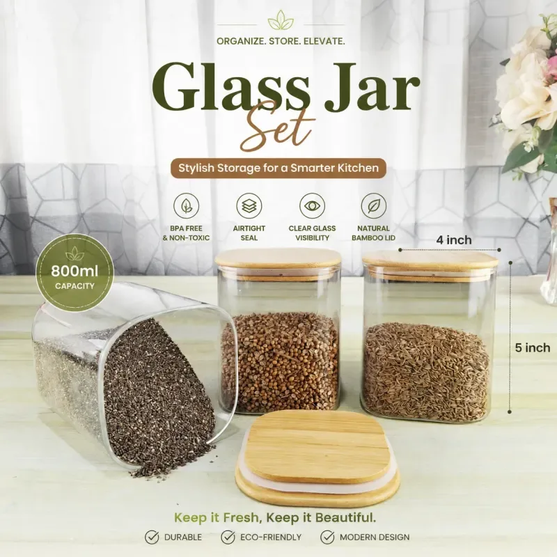 800ml Square Glass jar Wooden lid 01341