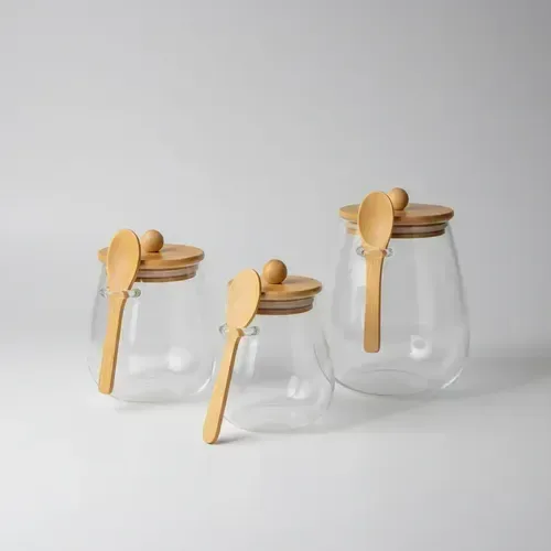 3pcs Borosilicate Oval Glass Storage Jar with Spoon 01441