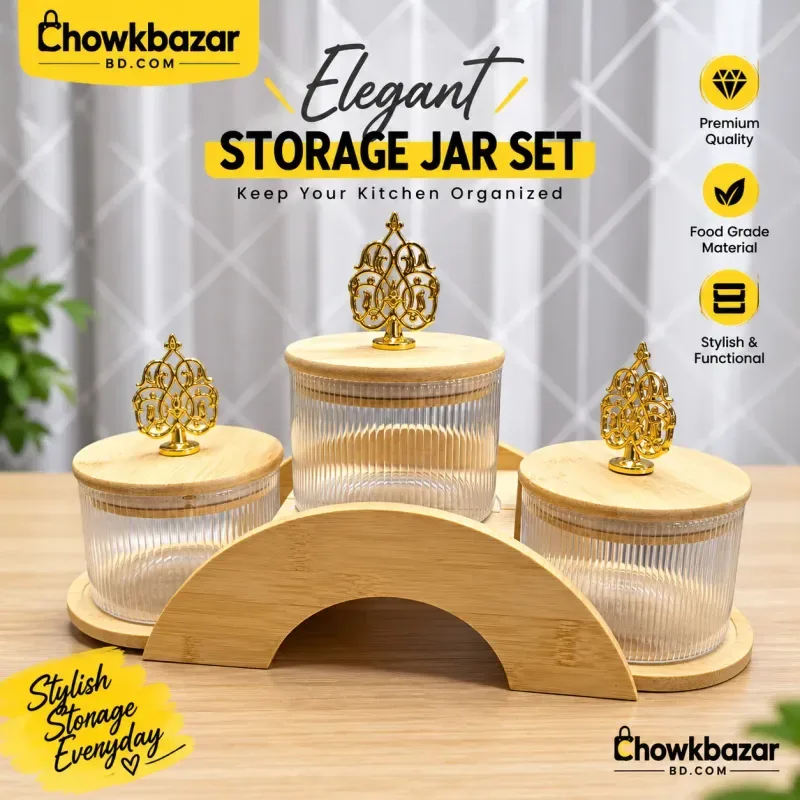 3pcs Round Glass Jar with Wooden Stand 01837