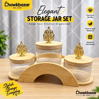 3pcs Round Glass Jar with Wooden Stand 01837