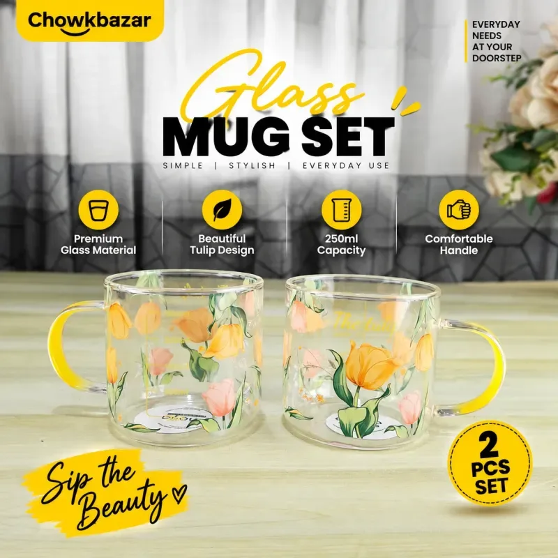 2pcs Flower Printed Cup Yellow Handle 01840