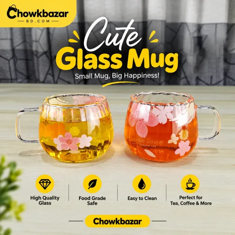 2pcs Flower Printed Mug Transparent Handle 01840