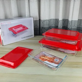 3pcs Rectangular Serving Dish Red Colour Lid 01046