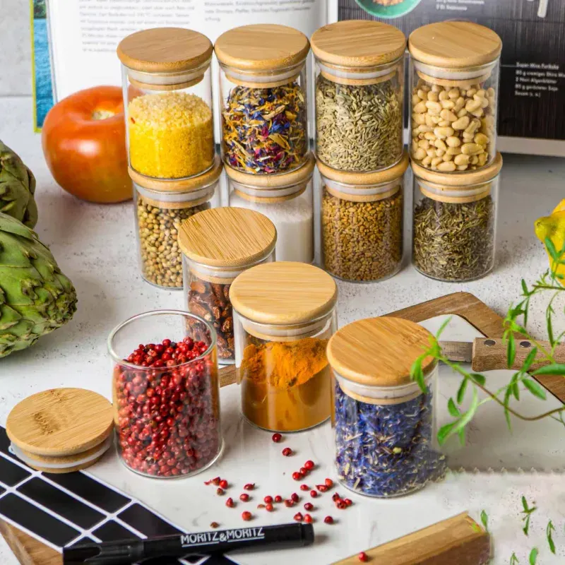 210ml Round Glass Jar Set Wooden Lid 01104