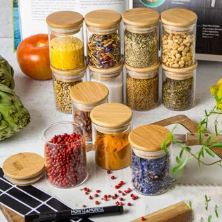 210ml Round Glass Jar Set Wooden Lid 01104