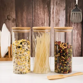 3psc 300ml Round Glass jar Wooden lid