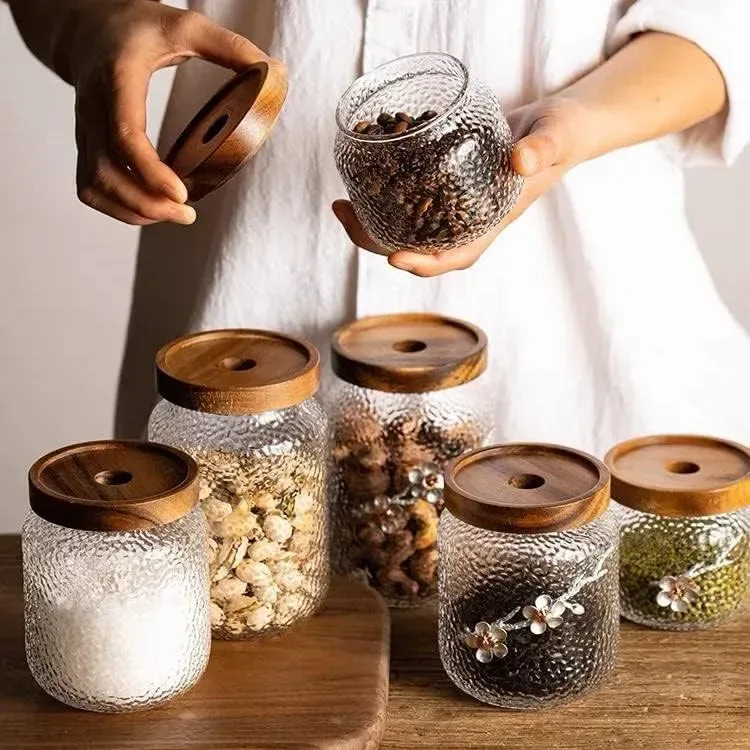 Ice Design Glass Jar 3pcs Set Wooden Lid 01180