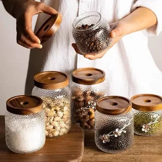 Ice Design Glass Jar 3pcs Set Wooden Lid 01180