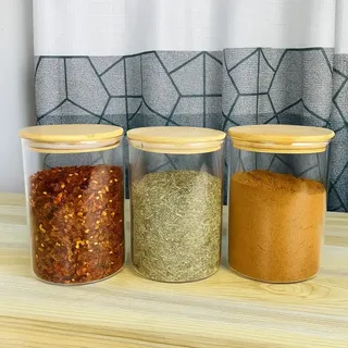 3pcs 800ml Round Glass jar Wooden lid 01341