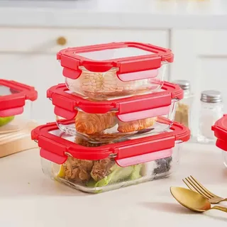 3pcs Red Glass Lid Airtight Bati Set 01221