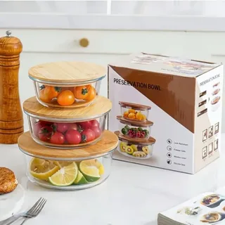 3pcs Wooden lid Round Airtight Bati Set 01401