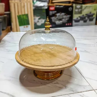 Acrylic Cake Serving Dish Wooden Tray 01405