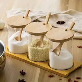 3pcs Step Spice Jar set with Wooden Lid & Tray 01409