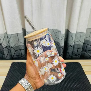 Can Shape White Flower Juice Pot with Straw HDV 00914