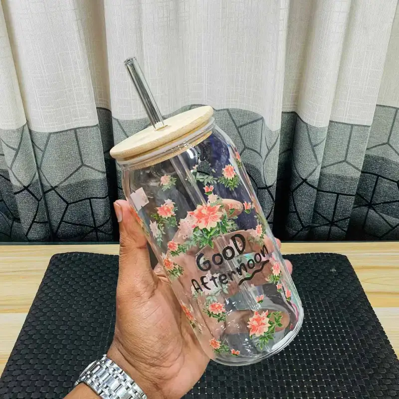 Can Shape Good Afternon Green Flower Juice pot with Straw HDV 00914