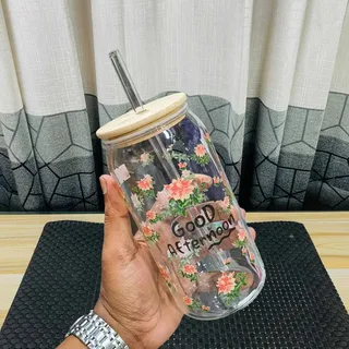 Can Shape Good Afternon Green Flower Juice pot with Straw HDV 00914