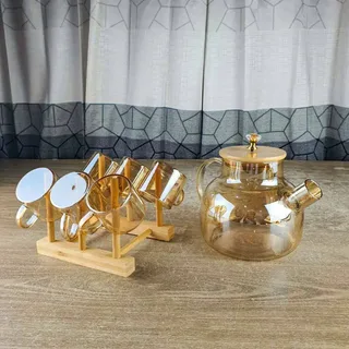 7pcs Golden Tea Pot Set with Stand