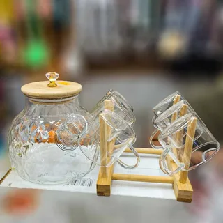 7pcs Diamond Cut Transparent Tea Pot Set with Stand 00774