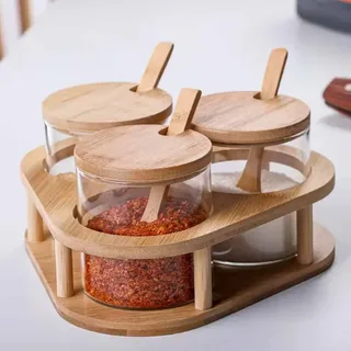 3pcs Glass Jar Wooden Lid With Spoon & Stand 00967