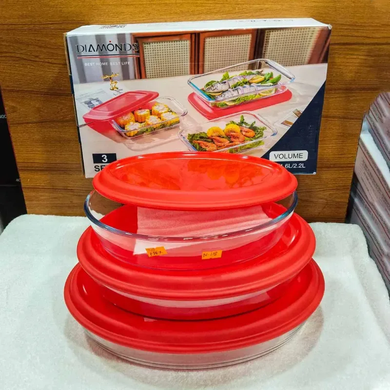 3pcs Oval Serving Dish Red Colour Lid 01045
